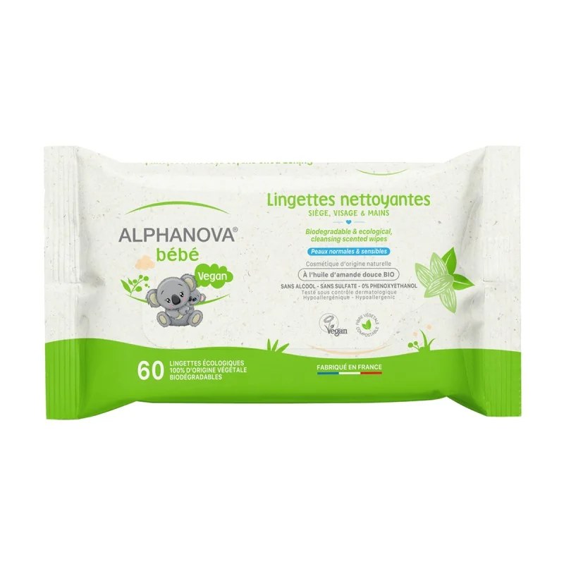 alphanova ALPHANOVA LINGETTES A L'HUILE D'OLIVE & ALOE -BIODEGRADABLE - SANS PARFUM - 60u - HYPOALLERGENIQUE
