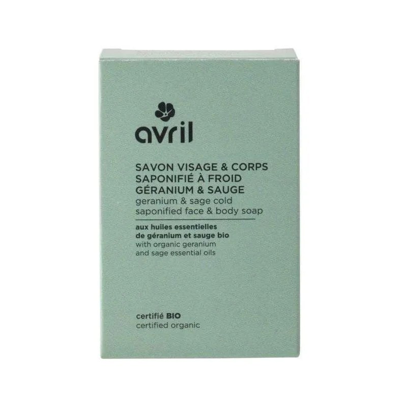 Avril AVRIL SAVON A FROID VISAGE ET CORPS AUX HUILES ESSENTIELLES DE GERANIUM ET SAUGE BIO 100 G