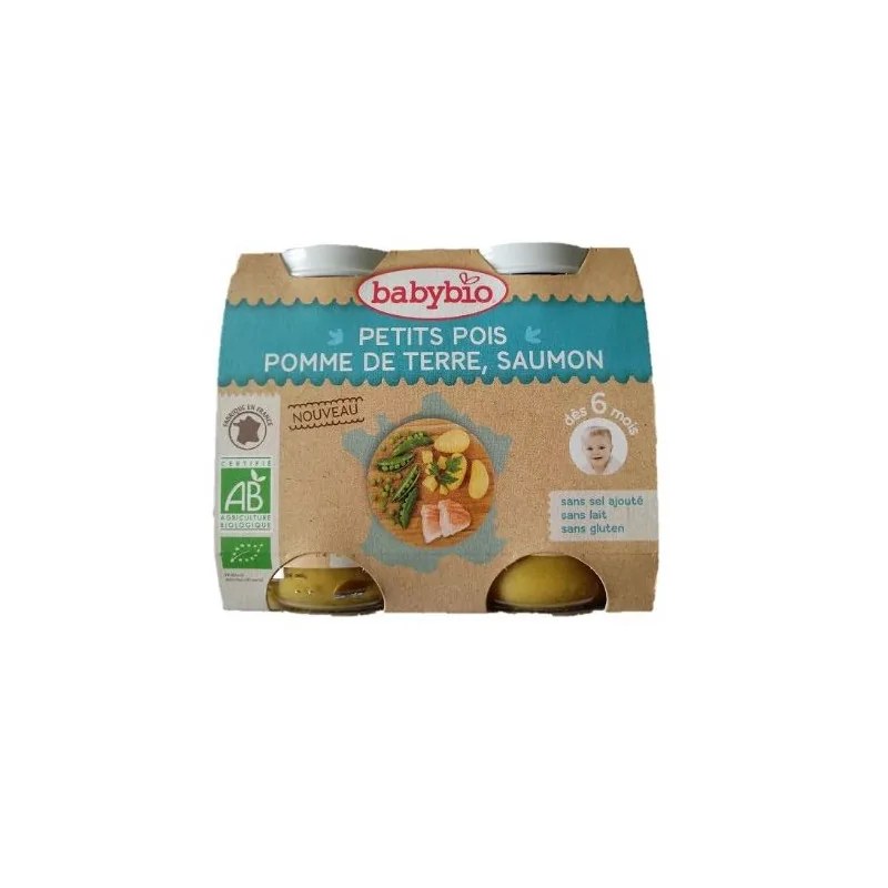 BABYBIO Babybio Petits Pois, Pomme de Terre et Saumon 2x200g
