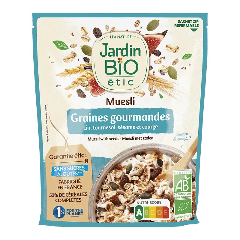 JARDIN BIO JARDIN BIO "MUESLI AUX GRAINES SANS SUCRE AJOUTE 375G  (lin, tournesol, sarrasin, sésame, courge et raisins secs)"