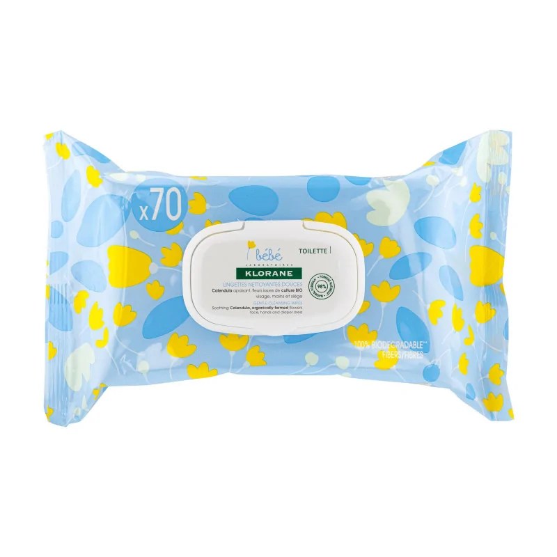 KLORANE Klorane - Lingettes nettoyantes douces pour le corps au Calendula apaisant - Bébé - Peau normale à sèche 70 u