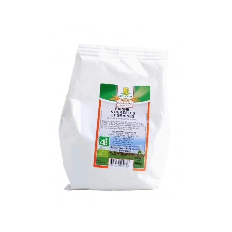 MOULIN DES MOINES MOULIN DES MOINES "FARINE 5 CEREALES ET GRAINES 500G  (blé, seigle, orge, épeautre, graines de tournessol et lin brun)"