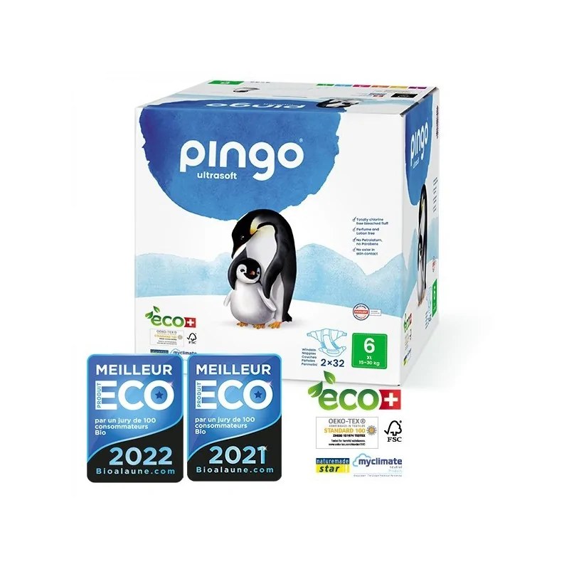 Pingo PINGO COUCHES ÉCOLOGIQUES JETABLES JUMBO XL TAILLE 6 (15-30KG) 2X32 COUCHES