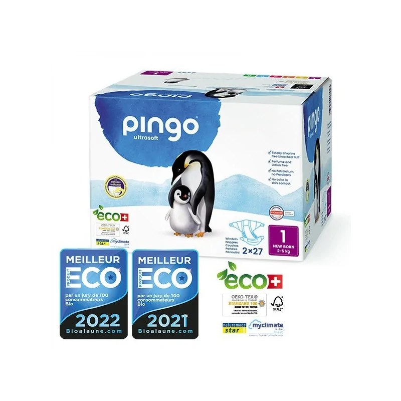 Pingo PINGO COUCHES ÉCOLOGIQUES JETABLES NEW BORN JUMBO TAILLE 1 (2-5 KG) 2X27 COUCHES