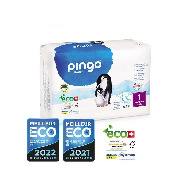 Pingo PINGO COUCHES ÉCOLOGIQUES JETABLES NOUVEAU NÉ TAILLE 1 (2-5 KG) 27 COUCHES