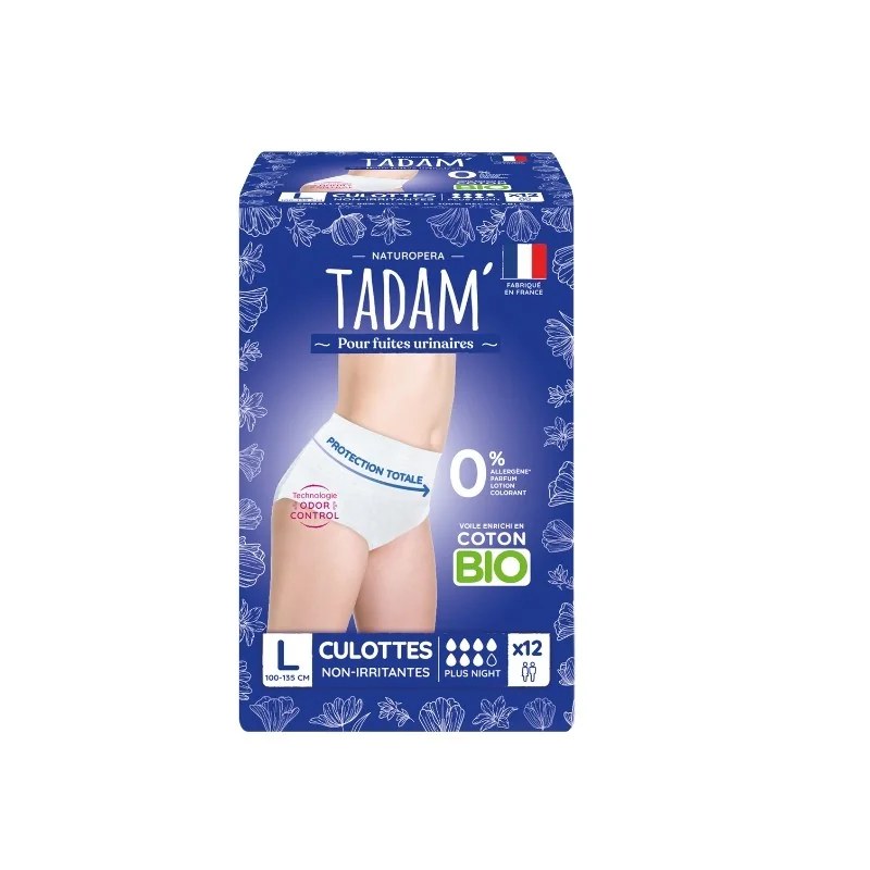 TADAM' TADAM' CULOTTES ECOLOGIQUES FUITES URINAIRES JETABLES NUIT TAILLE L 12U